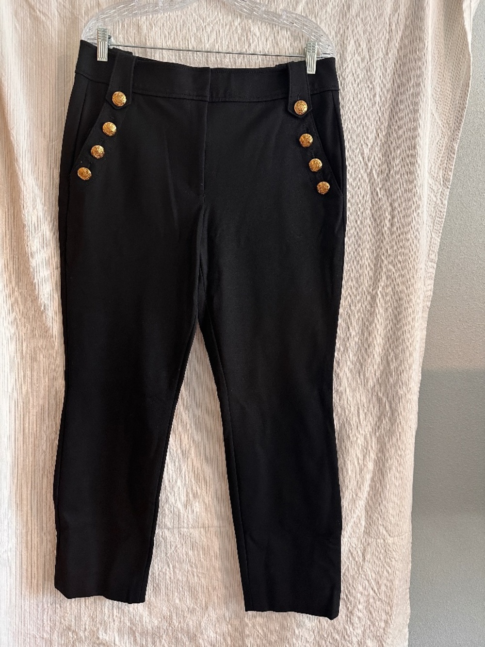 WHBM Size 14L Black Luxe Stretch Straight Ankle Gold Button Pants